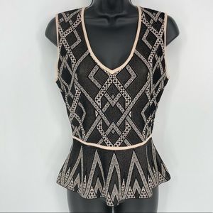 BCBGMaxazria Alonya Jacquard Peplum Top Black Two-Tone Pointelle V-Neck Blouse